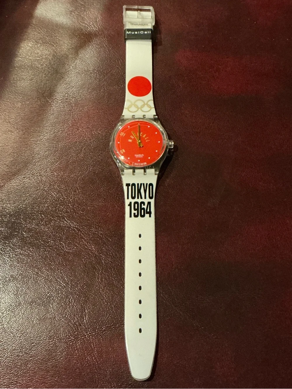 Swatch Red Dial Olympic Tokyo 1964 Musical Alarm Graphic Watch